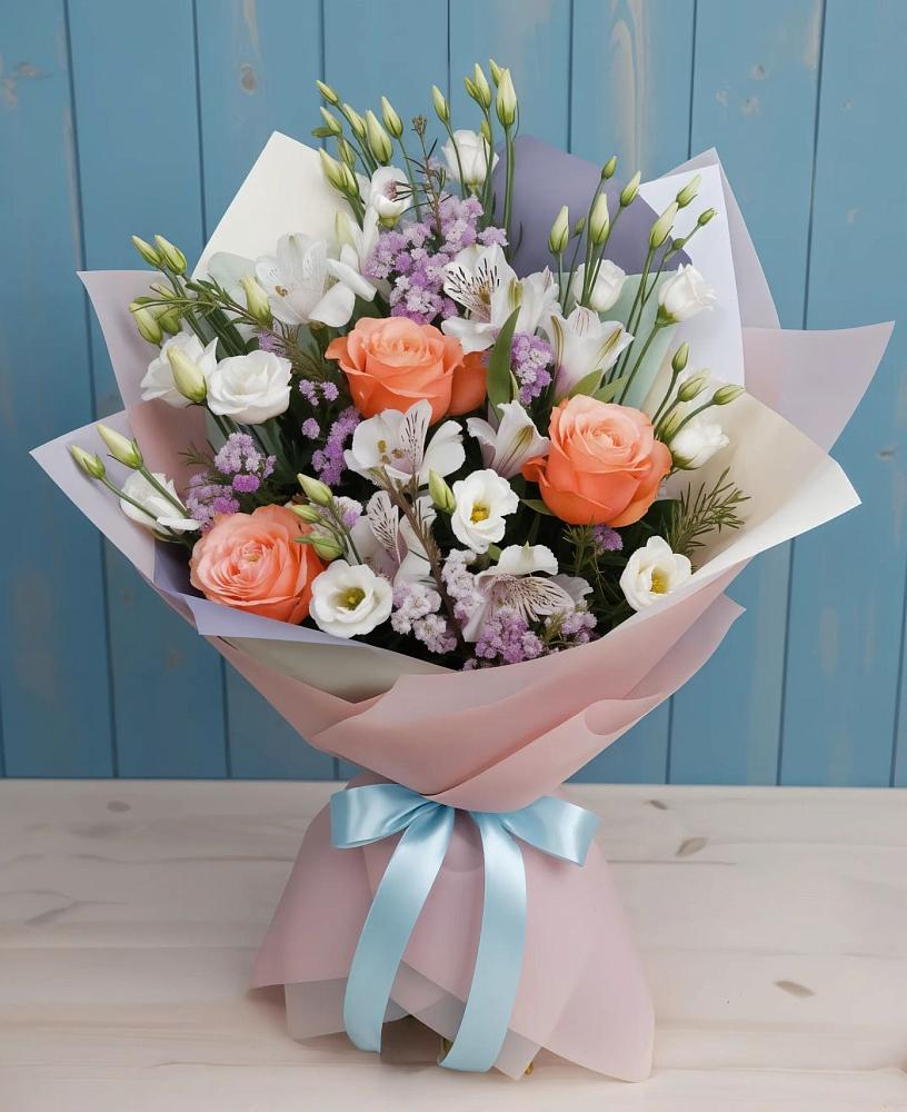 Букет цветов из: Лизиантусы, Розы, Альстромерии и Гипсофила в Инкермане
